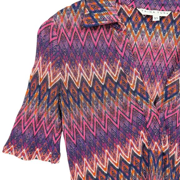 Trina Turk Peru Colorful Chevron Open Knit Collared V-neck Retro Revival Top - Picture 6 of 10